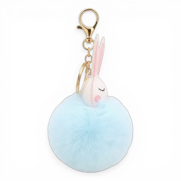 3/$10 BUNNY POM POM KEYCHAIN IN BLUE - ONE FOR $5 OR BUNDLE THREE FOR $10 - Picture 2 of 3